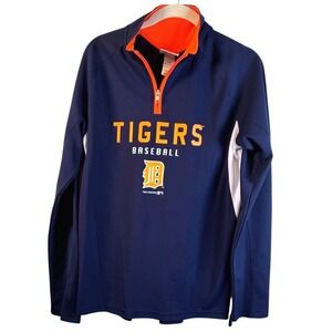 MLB Detroit Tigers Navy Blue Orange Quarter Zip Pullover Baseball Shirt XL